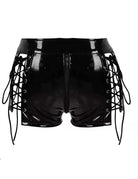 Black glossy high-waisted shorts with front zipper and long lace-up side panels