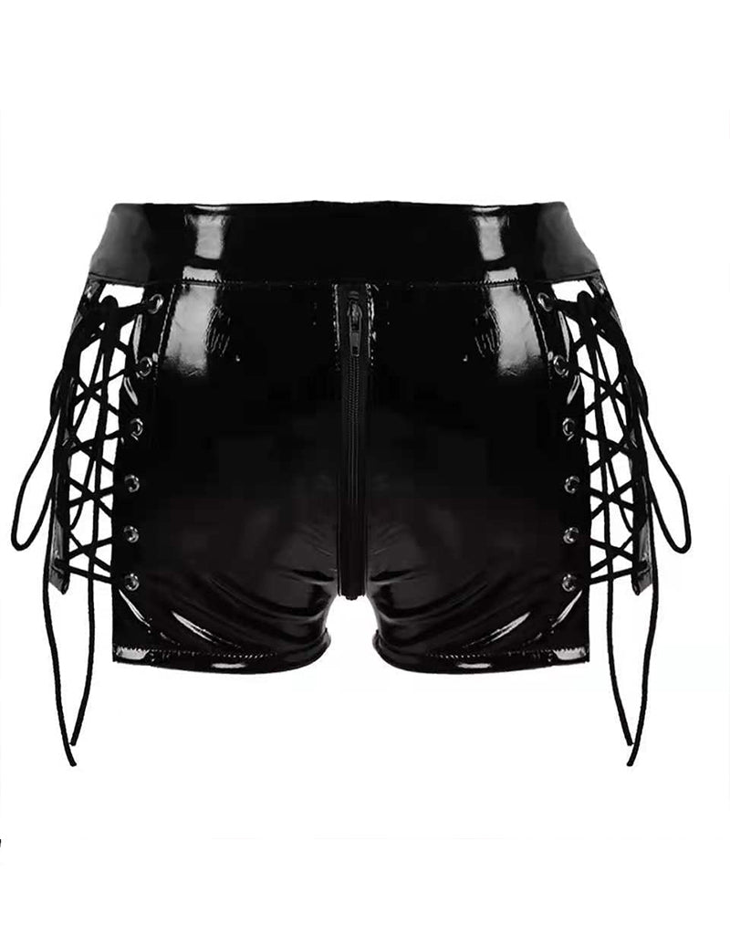 Black glossy high-waisted shorts with front zipper and long lace-up side panels