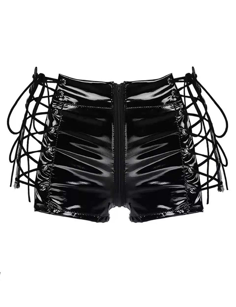 Glossy High Waist Lace-Up Zip Front Hot Shorts