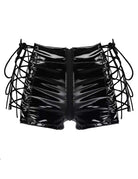 Black glossy shorts with center-front zipper and crisscross lace-up sides