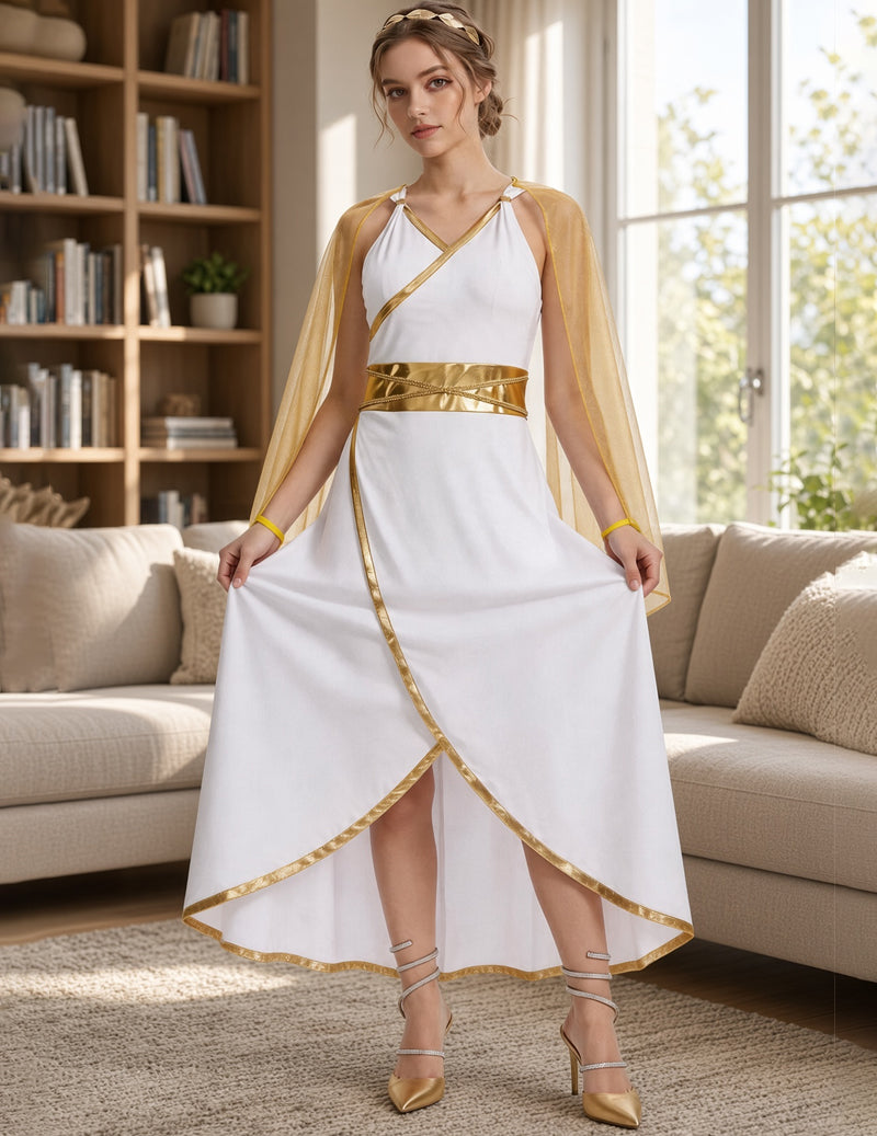 Grecian Goddess Halter Maxi Costume Dress with Gold Trim