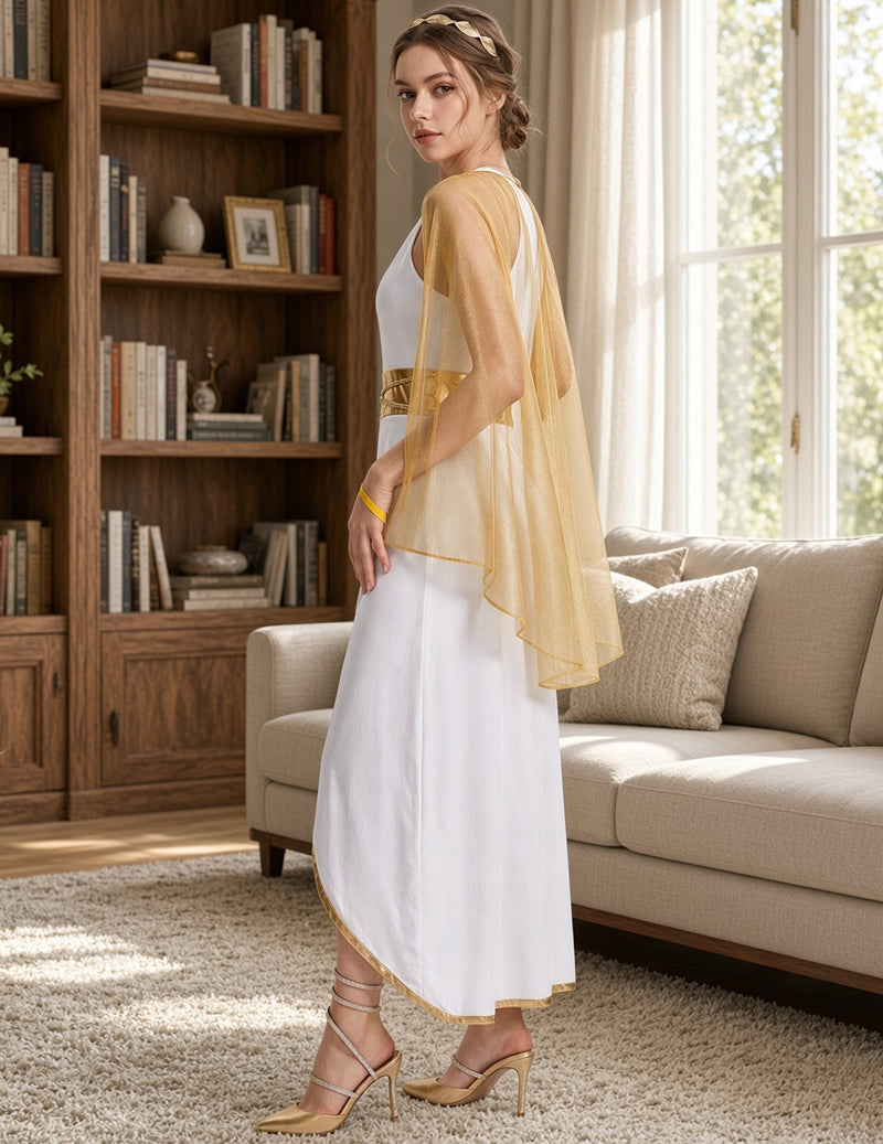 Grecian Goddess Halter Maxi Costume Dress with Gold Trim