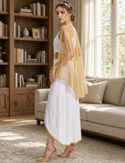 White Grecian maxi costume dress shown from the side, with gold trim and sheer cape sleeves
