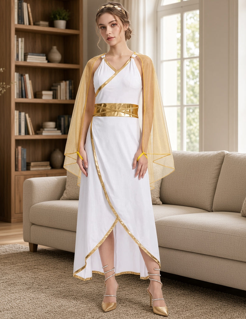 Grecian Goddess Halter Maxi Costume Dress with Gold Trim