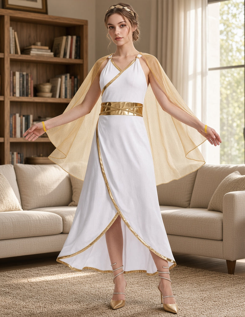 Grecian Goddess Halter Maxi Costume Dress with Gold Trim