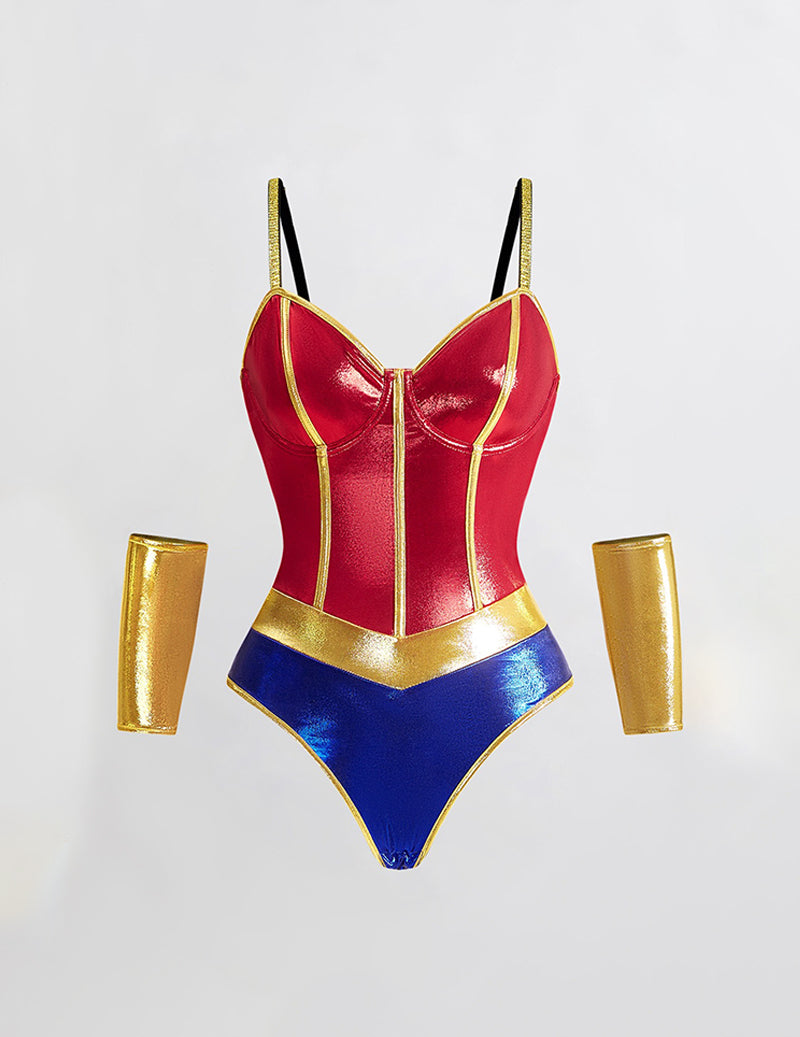 Glossy Colorblock Sweetheart Bodysuit with Arm Cuffs