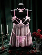 Plus Size Polka Dot Mesh Open Cup Babydoll with Choker