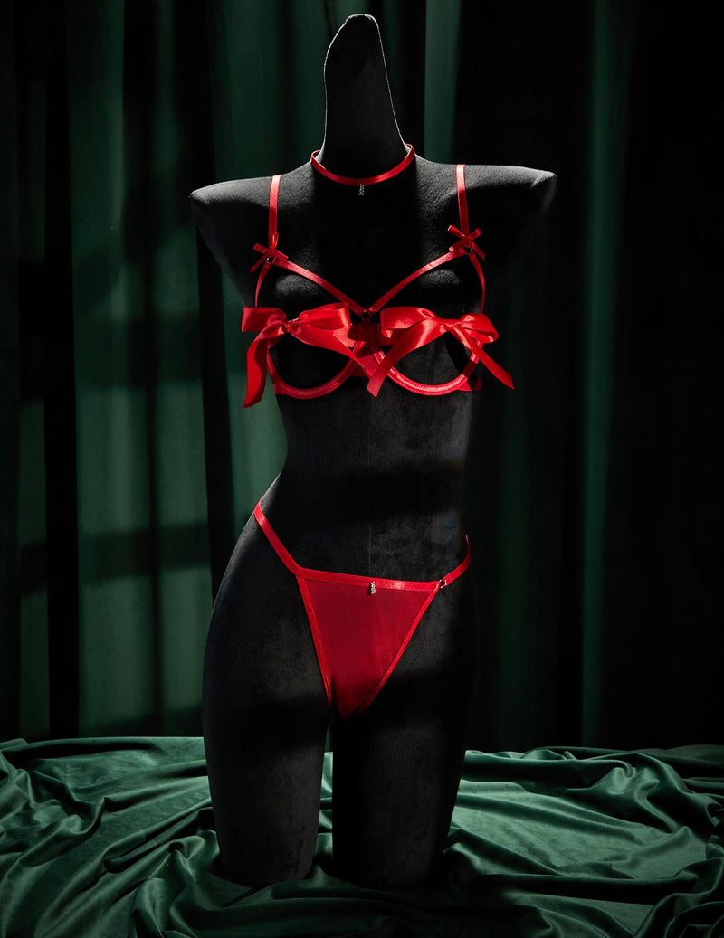 Satin Open Cup Bra Thong and Choker Lingerie Set