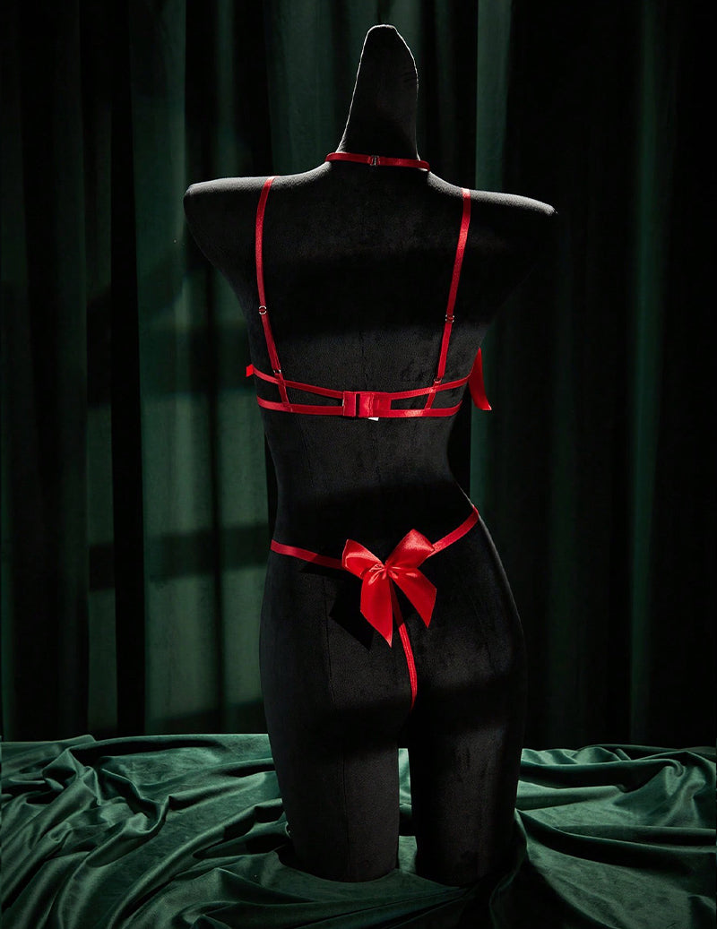 Satin Open Cup Bra Thong and Choker Lingerie Set