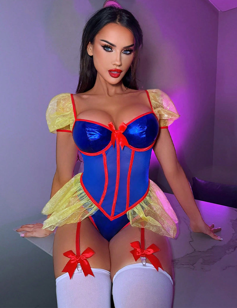 Princess Cosplay Puff Sleeve Bodysuit with Stockings