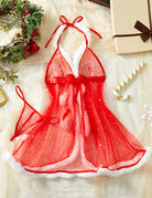Christmas Sheer Mesh Fly-Away Babydoll with Thong