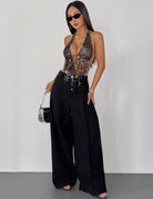 Rhinestone Mesh Halter Crop Top with Fringe Hem