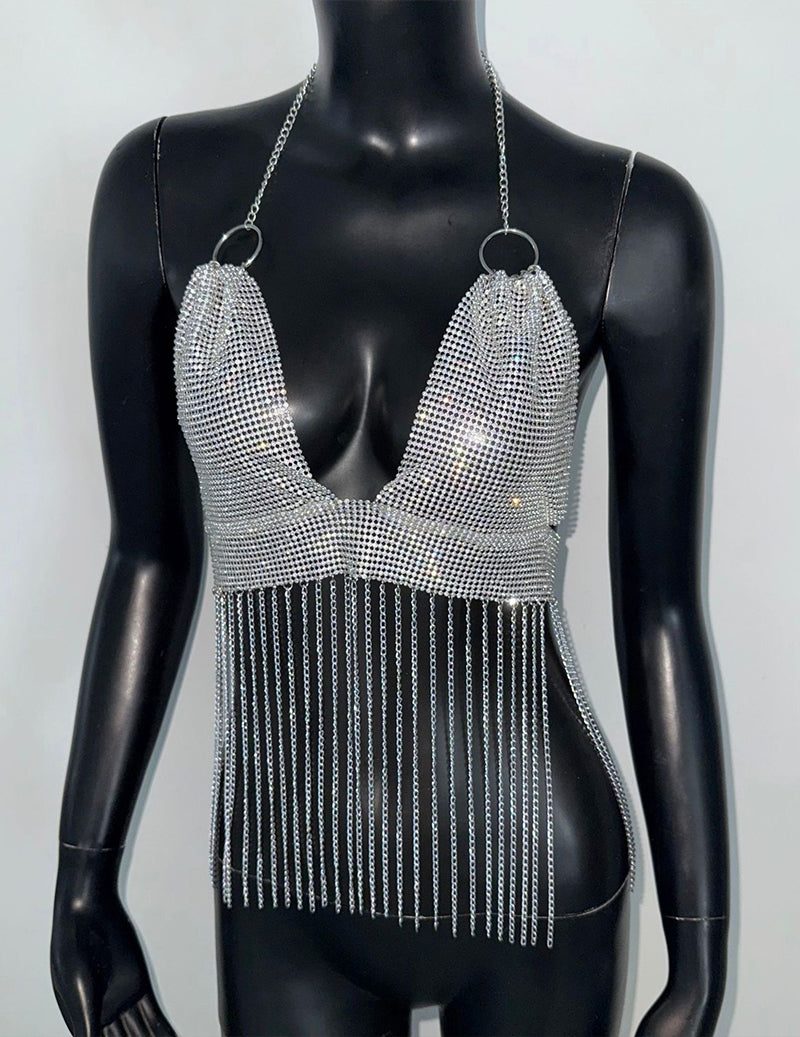 Metallic Chain Fringe Halter Crop Top