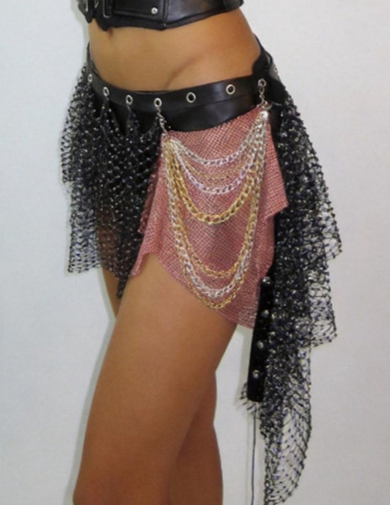 Fishnet Chain Panel Layered Mini Skirt