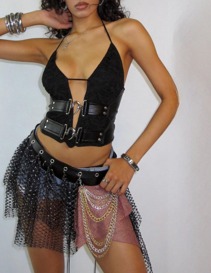 Fishnet Chain Panel Layered Mini Skirt