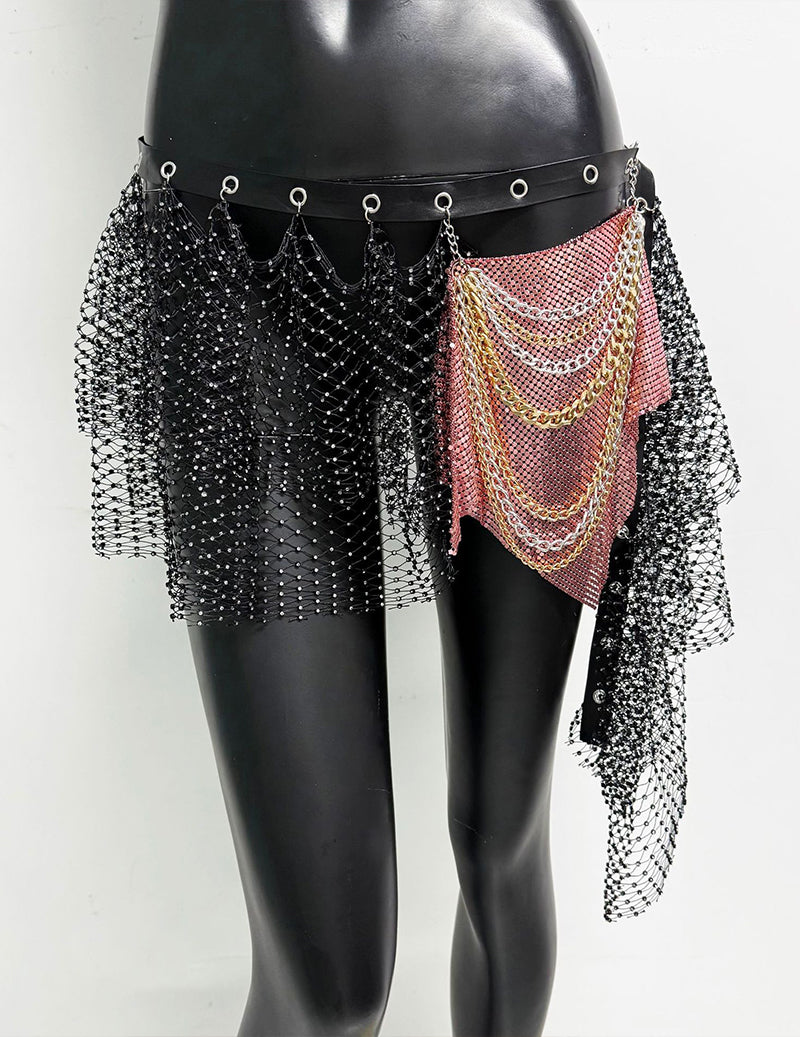 Fishnet Chain Panel Layered Mini Skirt
