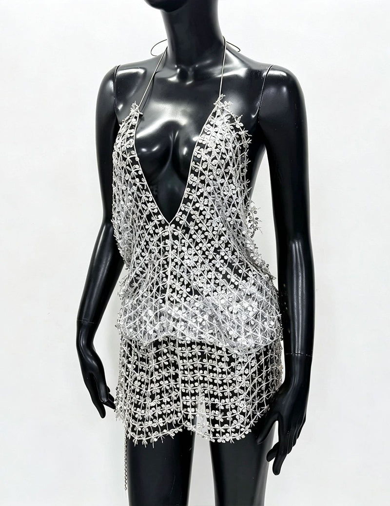 Metallic Mesh Deep V Backless Mini Dress