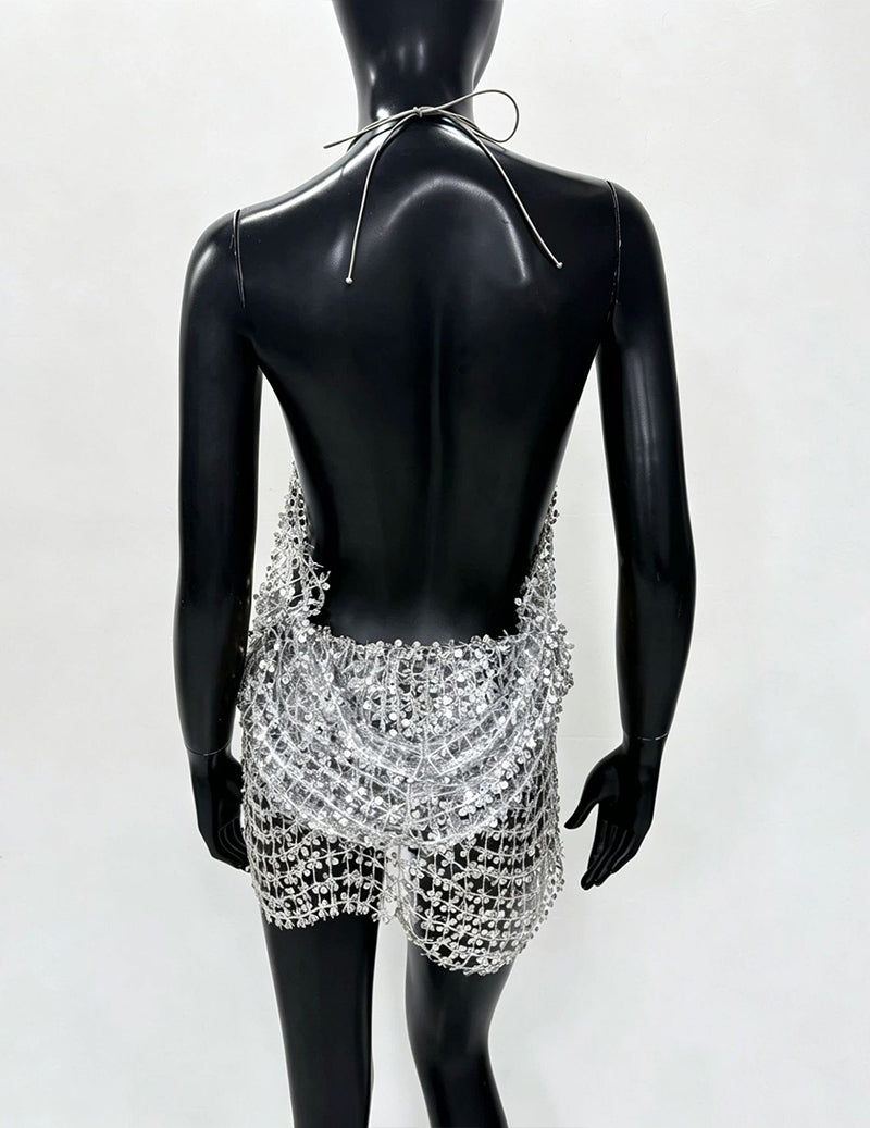 Metallic Mesh Deep V Backless Mini Dress