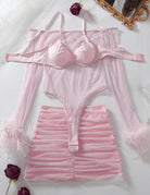 Feather Trim Sheer Bodysuit Bra and Skirt Set