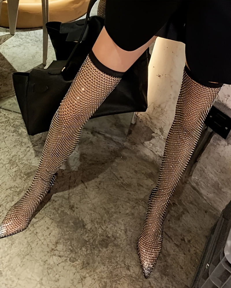 Over-the-knee stiletto boots with rhinestone fishnet, pointed toe and slim stiletto heel