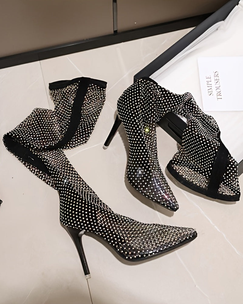 Rhinestone fishnet over-the-knee stiletto boots, black mesh with silver crystal dots