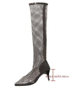 Over-the-knee rhinestone fishnet stiletto boot, black mesh with silver crystals, side view