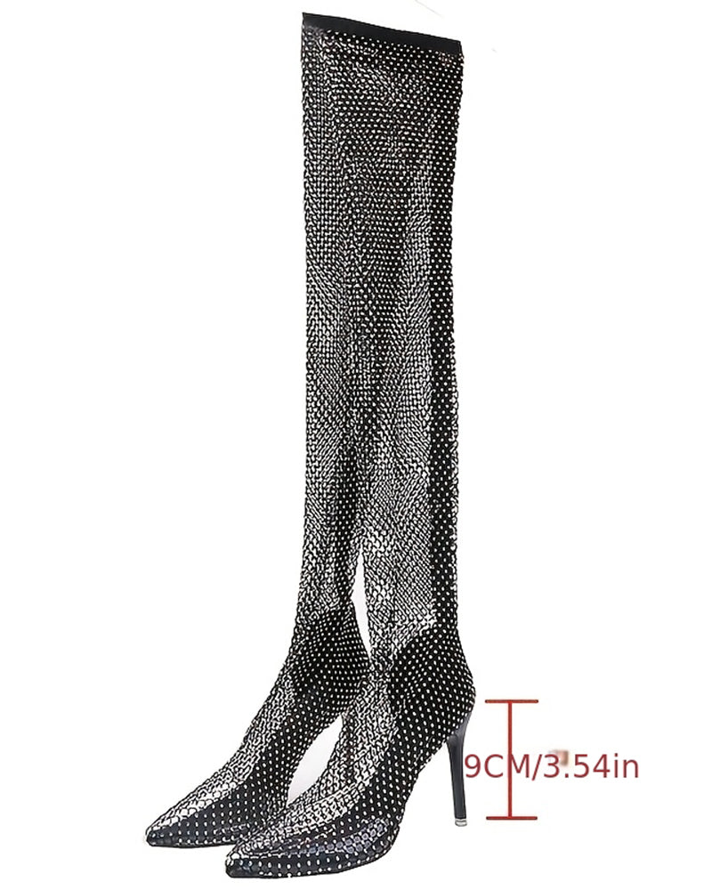 Over-the-knee rhinestone fishnet stiletto boots, black mesh with silver crystals, full length