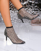 Black rhinestone mesh pointed-toe booties with kitten heels, front and side view