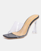 Black clear-strap square-toe high heel mule with transparent block heel