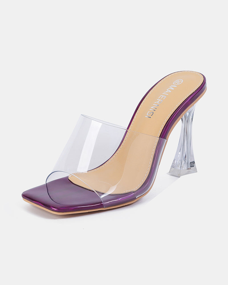 Purple clear-strap square-toe high heel mule with transparent block heel