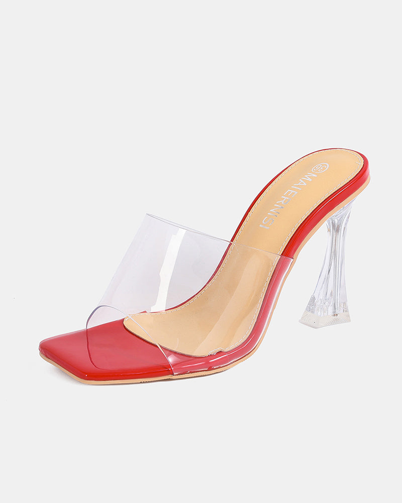 Red clear-strap square-toe high heel mule with transparent block heel