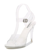 White clear platform open-toe high heel sandal with ankle strap and metallic logo buckle