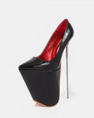 Black patent platform stiletto pump with red interior lining and slender high heel
