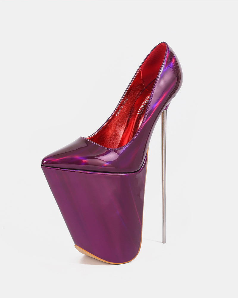 Purple patent platform stiletto pump with slim metal high heel