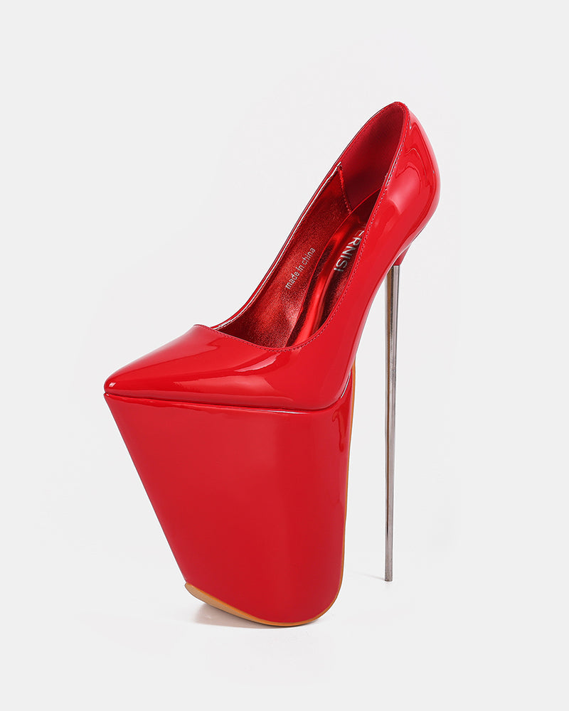 Red patent platform stiletto pump with pointed toe and tall thin stiletto heel