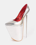 Silver patent platform stiletto pump with pointed toe, red interior, and thin stiletto heel