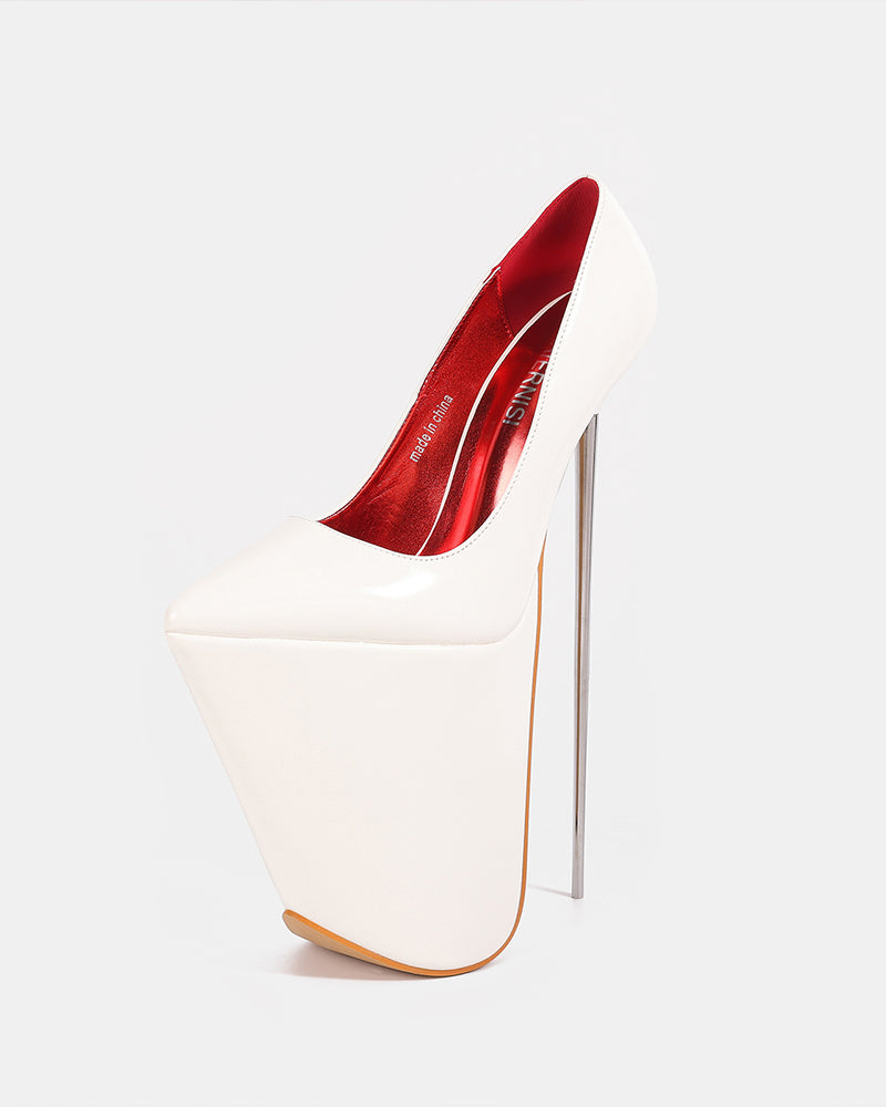 White patent platform stiletto pump with pointed toe and tall thin stiletto heel