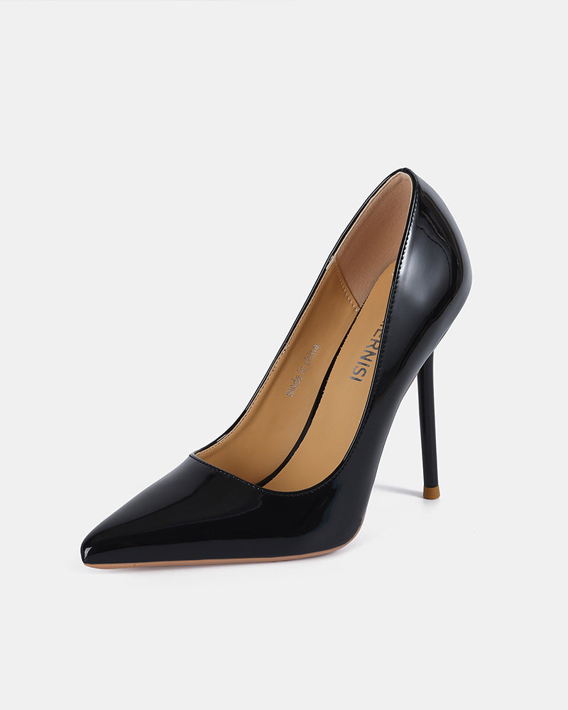 Black patent leather pointed toe stiletto pump with smooth glossy finish