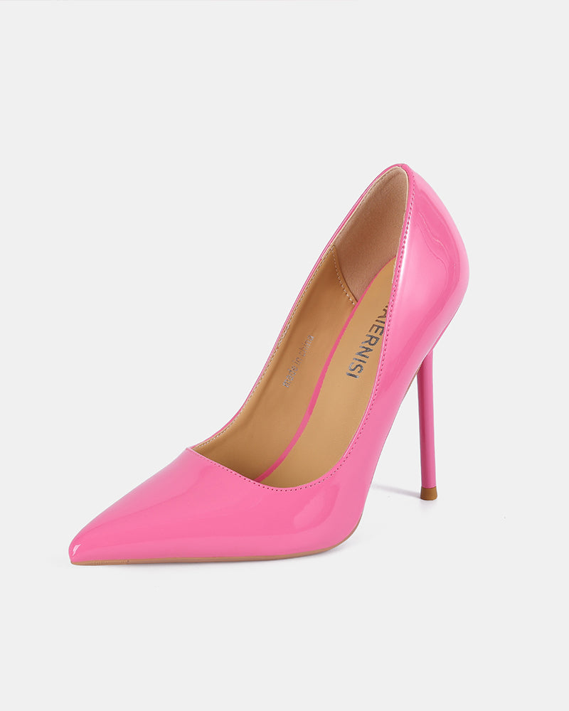 Pink patent leather pointed toe stiletto pump with slim stiletto heel