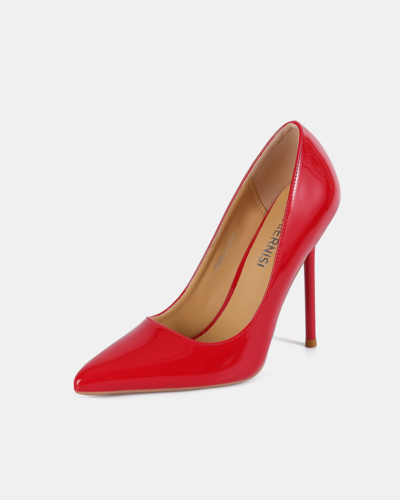 Red patent leather pointed toe stiletto pump with slim high heel