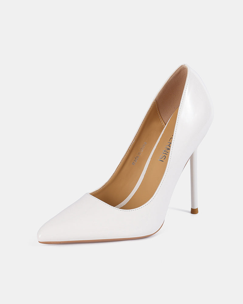 White patent leather pointed toe stiletto pump with smooth glossy upper