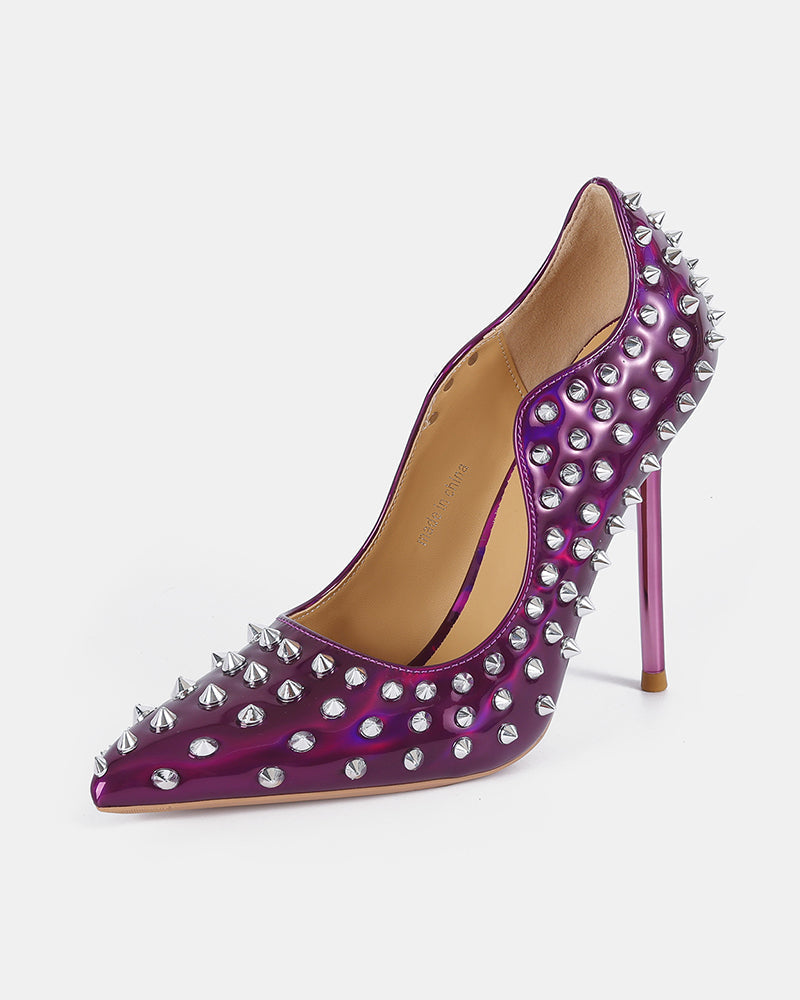 Purple patent pointed-toe stiletto pump with silver spike studs, high heel
