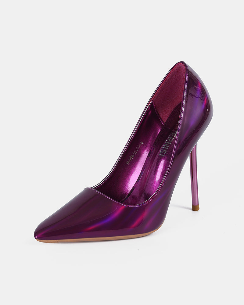 Purple metallic pointed-toe stiletto pump with mirror finish, high heel