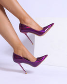 Purple metallic pointed-toe stiletto pumps, side view with slim high heel