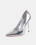 Silver mirror-finish pointed-toe stiletto pump, high stiletto heel