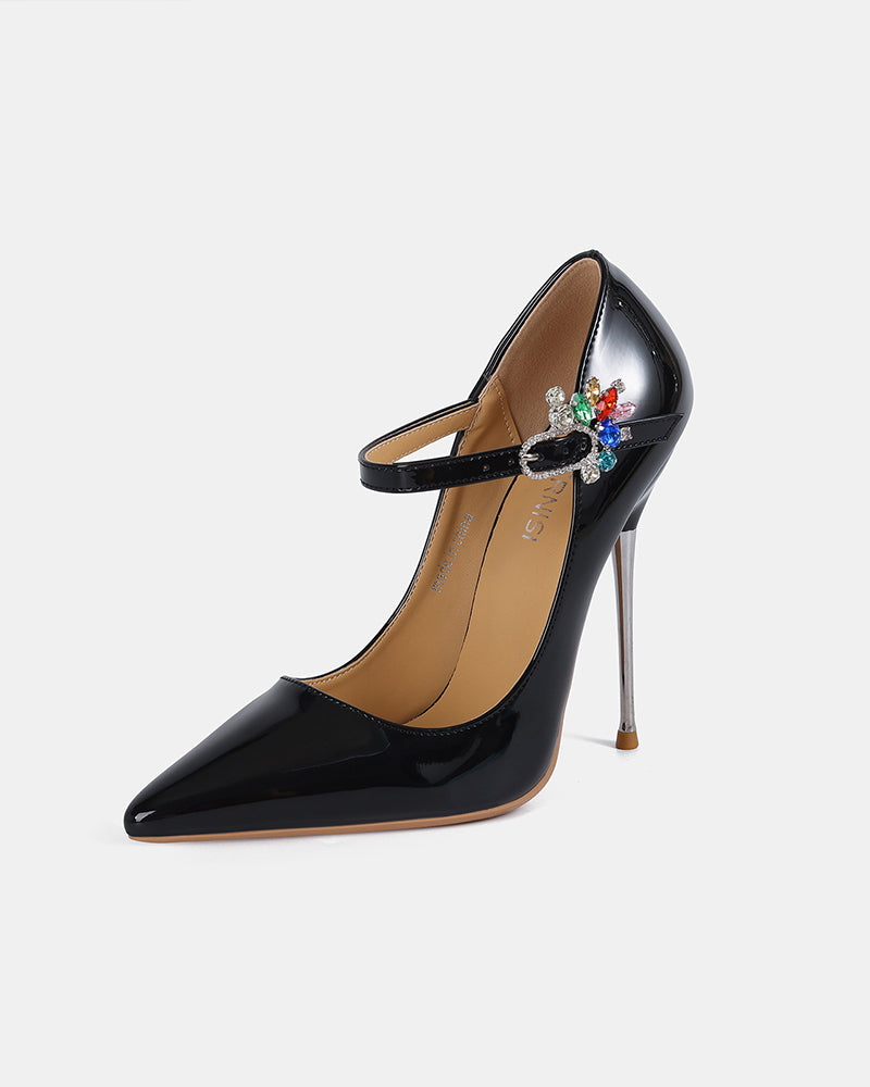 Black patent Mary Jane stiletto pump with rhinestone buckle strap