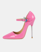 Pink patent Mary Jane stiletto pump with rhinestone buckle ankle strap