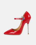 Red patent stiletto pump with rhinestone buckle ankle strap