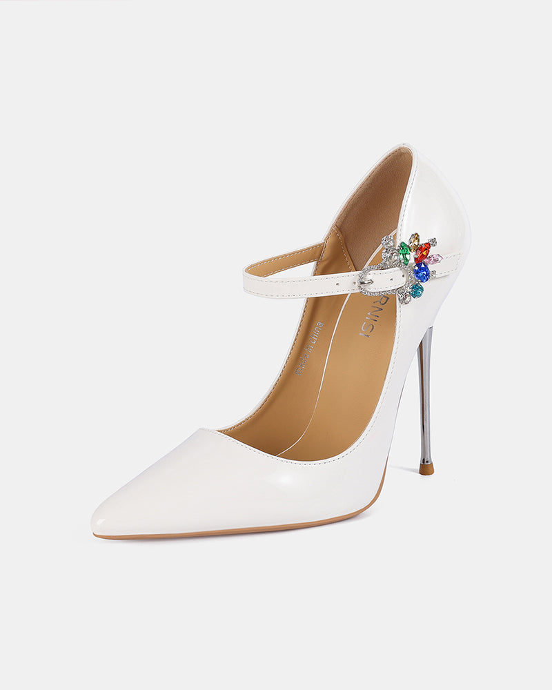 White patent Mary Jane stiletto pump with rhinestone buckle ankle strap