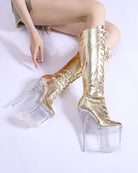 Silver metallic knee-high lace-up stiletto boots with clear platform heels, close-up